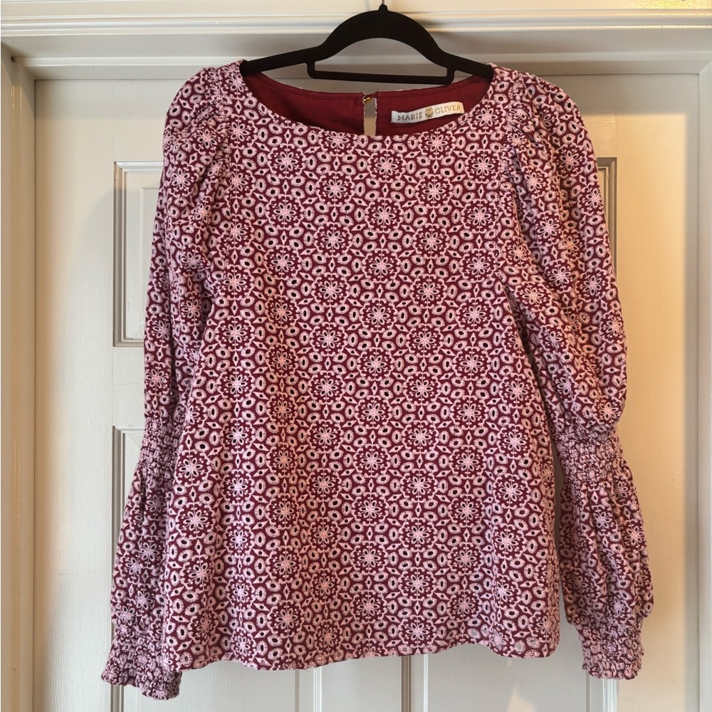Marie Oliver Burgundy and White Eyelet Blouse